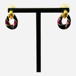 Vintage Gold Tone Black and Purple Enamel Small Door Knocker Dangle Earrings